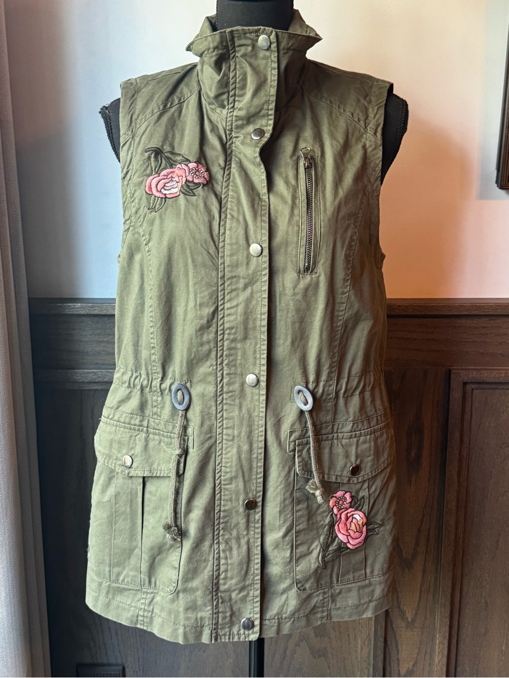 Jolt Olive Utility Vest with Pink Rose Embroidery medium